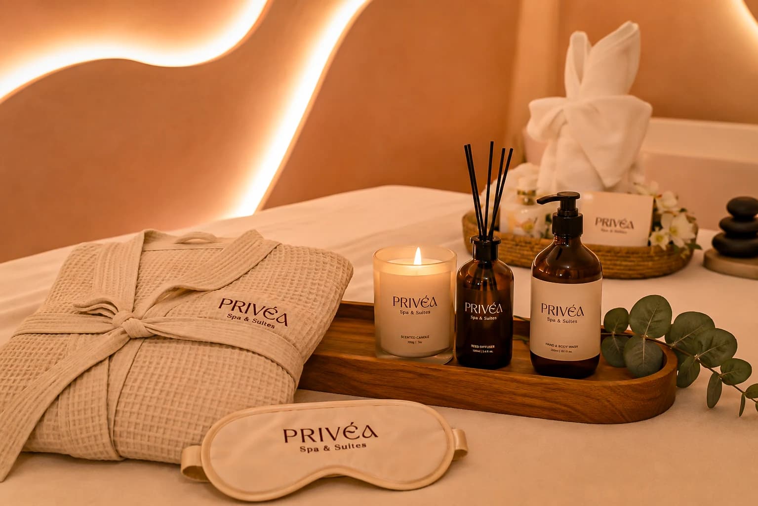 PRIVÉA robe, candle, and bath products
