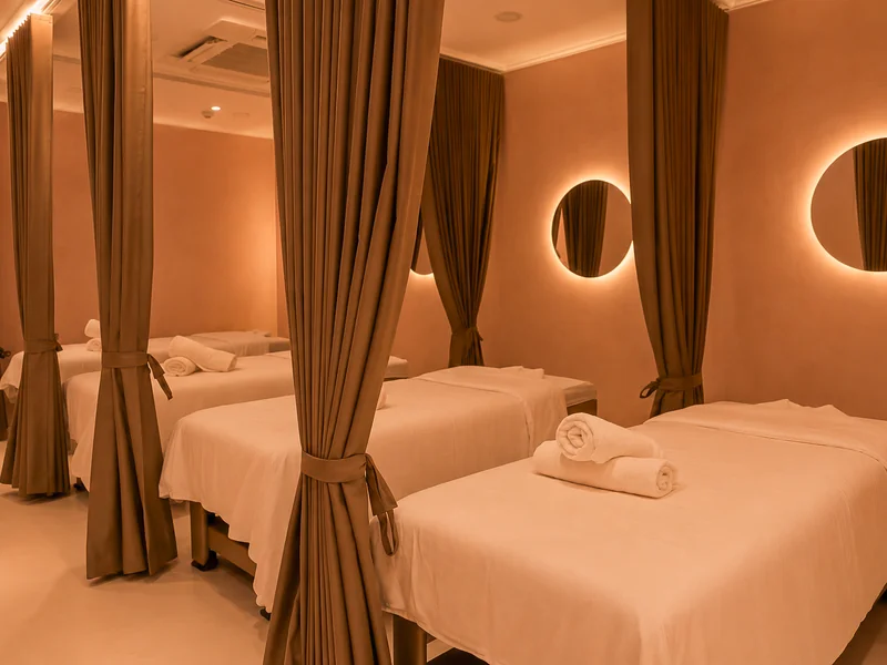 The Nail Lounge with curtained stations